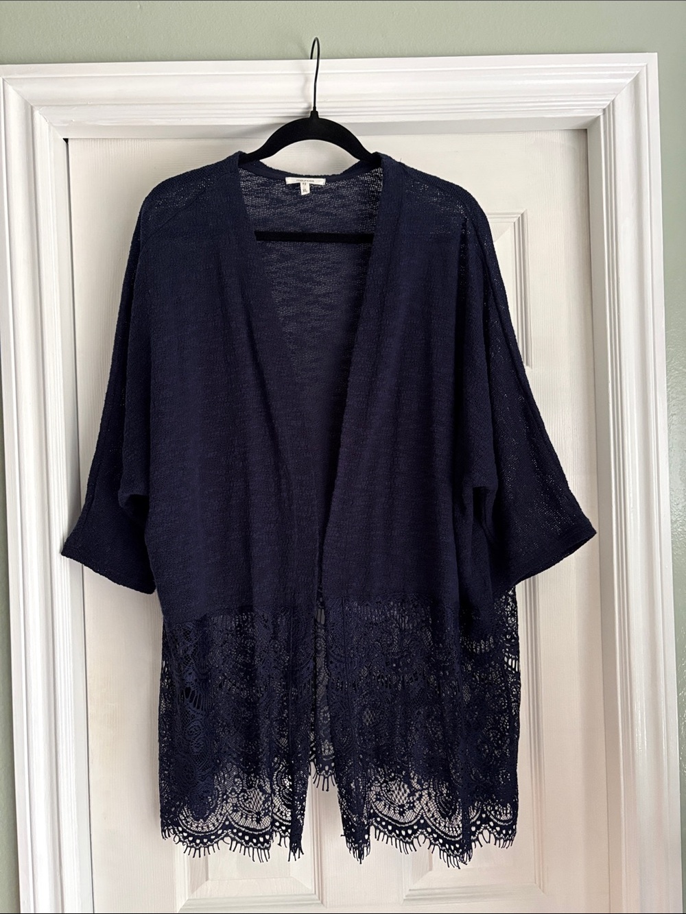 Maurices Navy Open-Front Lace-Hem Cardigan
